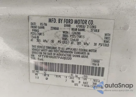 2007 Ford Ranger Sport/Stx/Xl/Xlt из США, поврежденный, VIN 1FTYR10U57PA06220